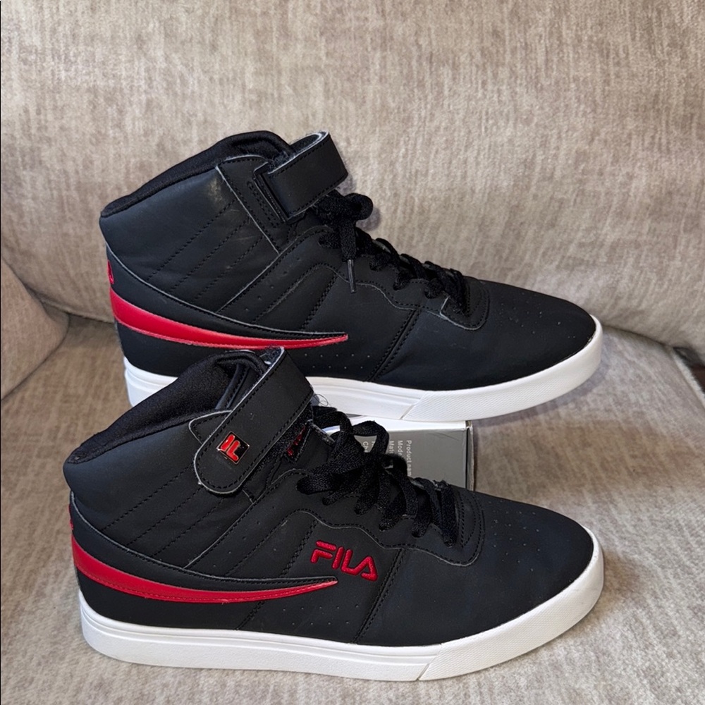 Fila Black and Red High-Top Sneakers with Suede Upper
